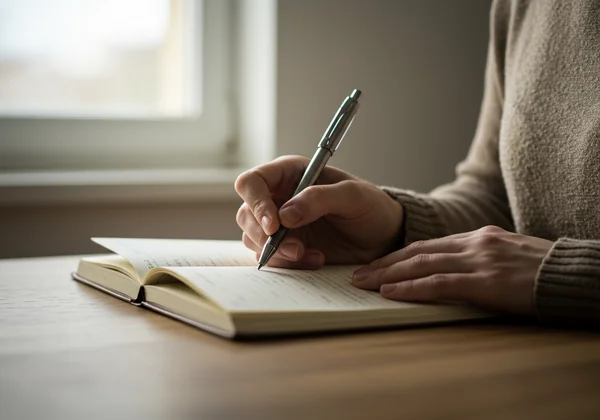 A person writing in a journal, reflecting on emotions