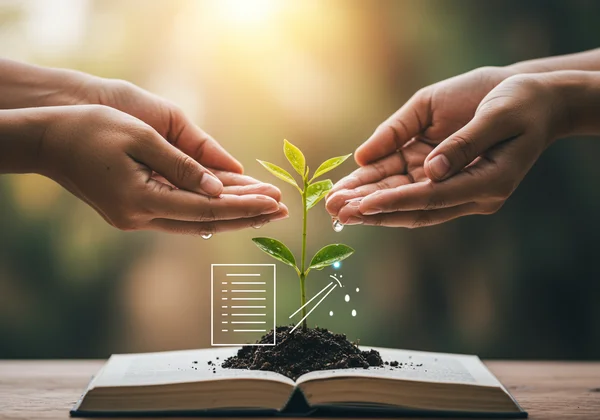 Hands watering a small plant, symbolizing emotional growth