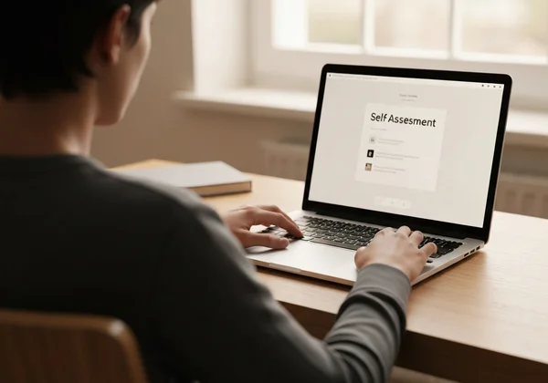 A person sitting at a desk, reflectively completing an online self-assessment form on a laptop.